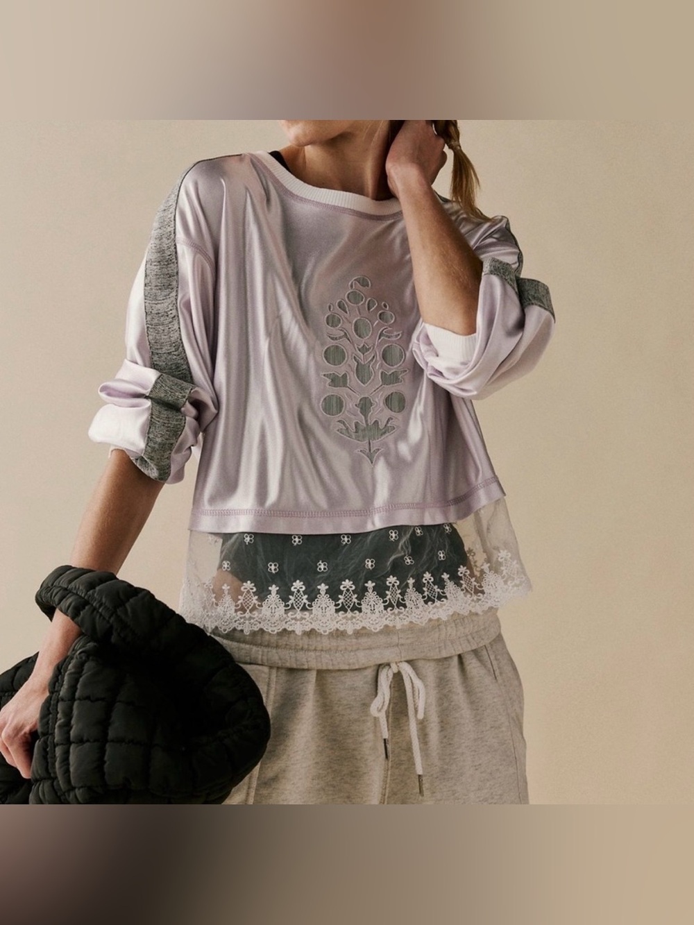 Free People Star Track Layer Top Sz Small • Lavender Satin & Lace Athleisure